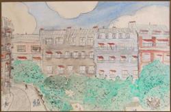 1936. Vu de ma fenêtre... à Paris. Dessin et goouache, sous verre; 23,5X18; atelier de l'artiste. Dessin pour un concours sur le thème: vu de ma fenêtre.